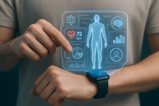 Smartwatch displaying digital human body vitals with real time pulse monitoring biometric stats and futuristic health data screen for wearable fitness and wellness technology