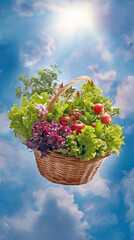 Flying vegetables, jumping in a wicker basket, bright sun, vibrant green,