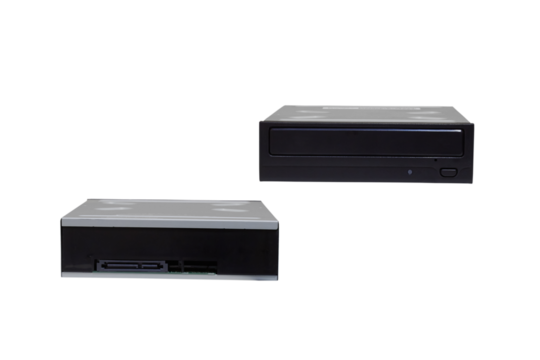 optical laser drive front and back isolated, internal optical drive for recording DVD discs on white background