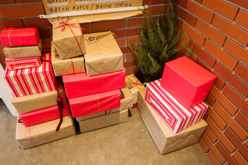 Red and brown Gifts presents square cube and red ribbon decorated boxes,delivery and unboxing...