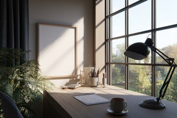 Cozy workspace with natural light.  Empty frame, desk supplies, and coffee