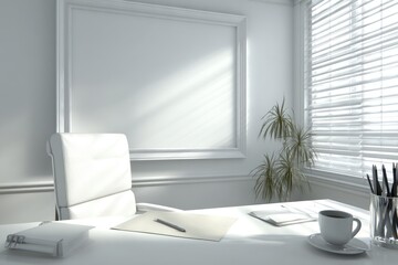 Bright, minimalist office space, featuring a white desk, chair, and a large blank framed area. Sunlight streams through a window with blinds