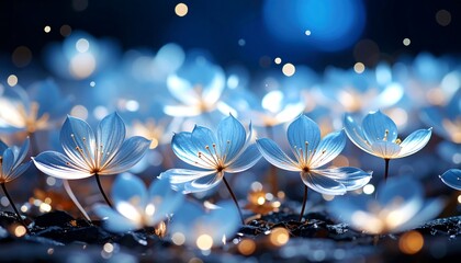 Blooming Blue Flowers Field with Bokeh Lights Soft and Dreamy