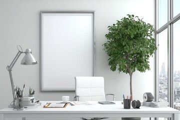 Modern workspace with blank frame, plant, and city view