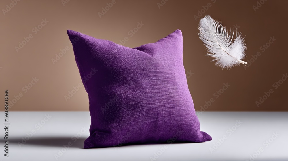 Poster purple pillow sits on a table with a feather floating above it. the pillow is soft and plush, while 