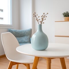 Light and airy room with a pastel blue vase and white furniture