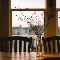 Dried flowers in a glass vase on a wooden table, overlooking a suburban view through a window