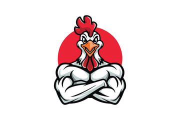 Muscular Chicken Mascot Logo Design. Funny Cartoon Fitness Logo with Red Circle Background.