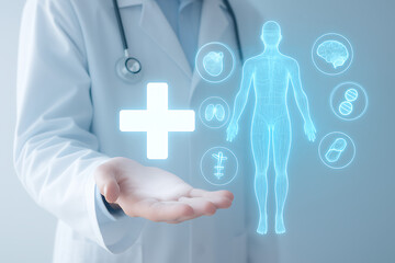 Futuristic digital healthcare interface showing holographic human anatomy with organs and medical cross icon for innovation in virtual health diagnostics and treatment systems