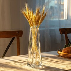 Clear glass vase with wheat stalks, natural light