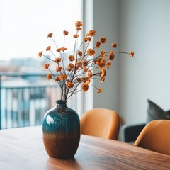 Rustic vase with dried flowers on wooden table