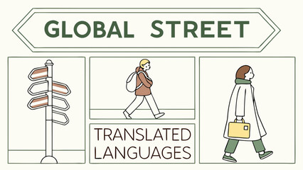 Minimalist Vector Illustration Depicting Global Street Scene with Pedestrians Signpost and Translated Languages in Contemporary Design for Creative Visual Content