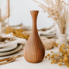 Wooden vase, light brown, smooth, on table