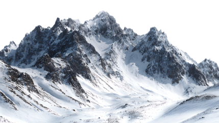 Vast snowcovered mountain landscape with sharp rocky peaks isolated on transparent background