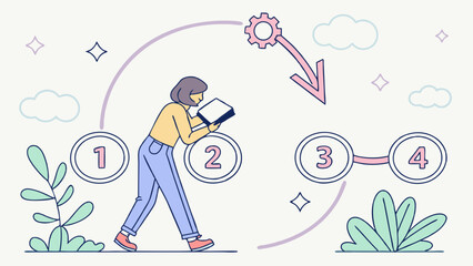 Minimalist Vector Illustration Depicting Step-by-Step Process Workflow with a Woman Reading a Book and Sequential Circulating Arrows for Clear Visual Communication