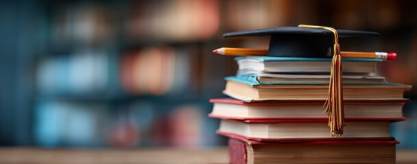Stack of books topped with a graduation cap and pencil evokes a sense of academic achievement and scholarly pursuits ready for new beginnings.