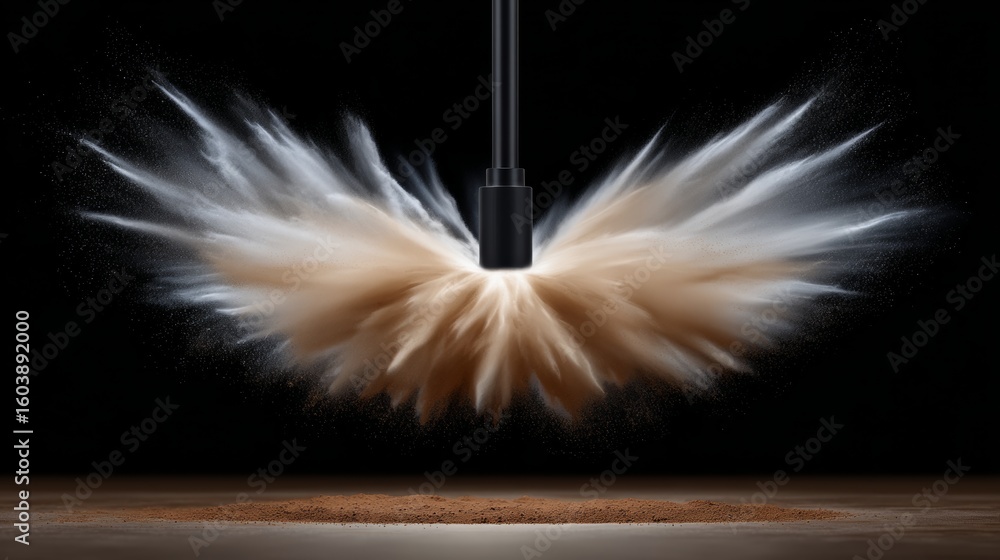 Poster black and white photo of a cloud of dust with a black object in the middle. scene is mysterious and 
