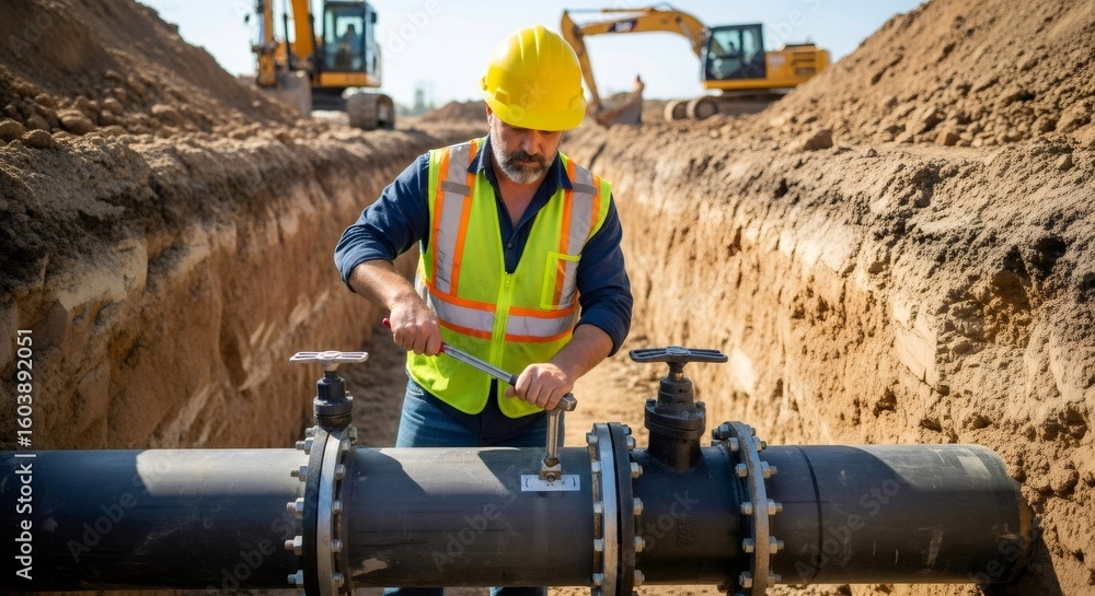 Poster man worker adjusting a large pipe valve in an open trench, representing construction and infrastruct