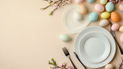 Easter table setting pastel eggs spring flowers plates cutlery