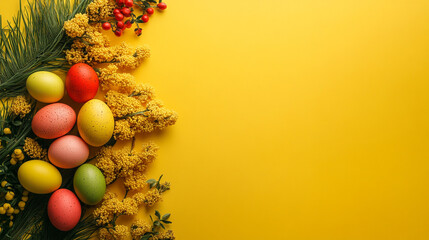 Colorful Easter eggs yellow flowers and greenery on yellow background