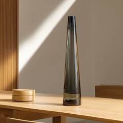Sleek, dark gray vase on light wood table. Sunlight streams in