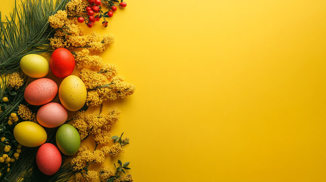 Colorful Easter eggs yellow flowers and greenery on yellow background - Powered by Adobe