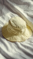 Cream-colored bucket hat lying on soft white wrinkled fabric in warm natural light perfect for summer fashion content, relaxed vacation visuals and minimal editorial compositions