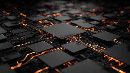 Abstract Glowing Orange Circuit Board Texture Dark Background High Tech Digital Technology Electronic Components Innovation Future Science