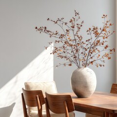 Sunlight streams into a room, illuminating a light-colored vase with dried branches.  Wooden table and chairs