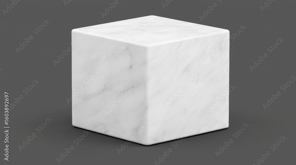 Poster a white cube with a textured surface sits on a gray background.