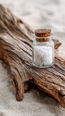Glass jar filled with sea salt standing on driftwood placed in soft beach sand illuminated by natural light perfect for spa visuals, wellness design and organic product backgrounds