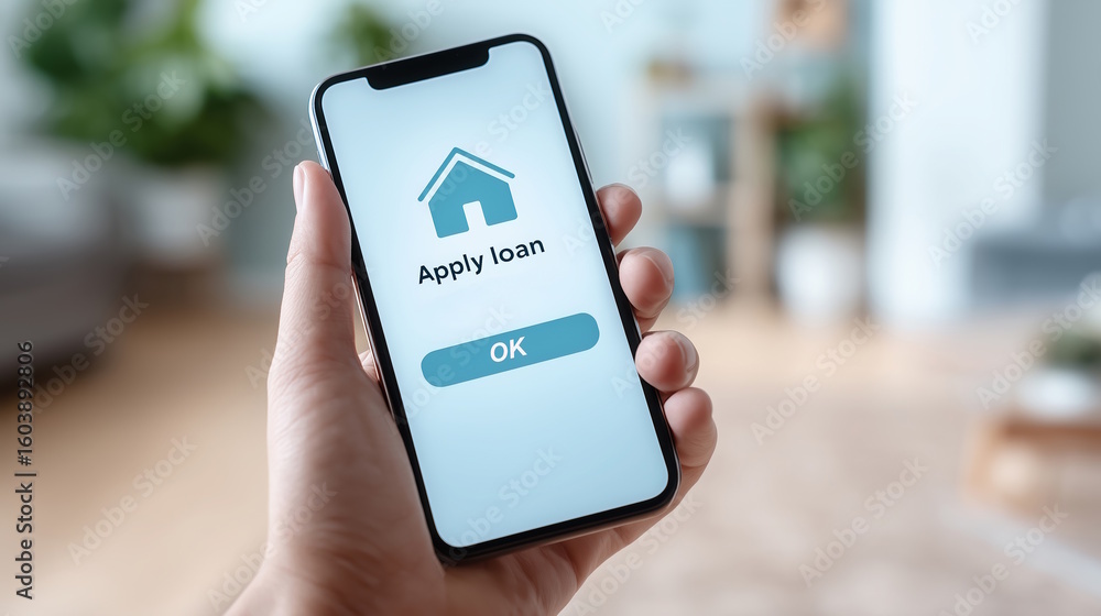 Poster smartphone mock up displaying loan application interface with house icon and ok button, held in hand