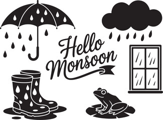 Black and White Monsoon Graphic Collection with Rain Clouds Rubber Boots and Windows

