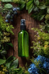 Green spray bottle surrounded by fresh herbs and flowers on a wooden surface