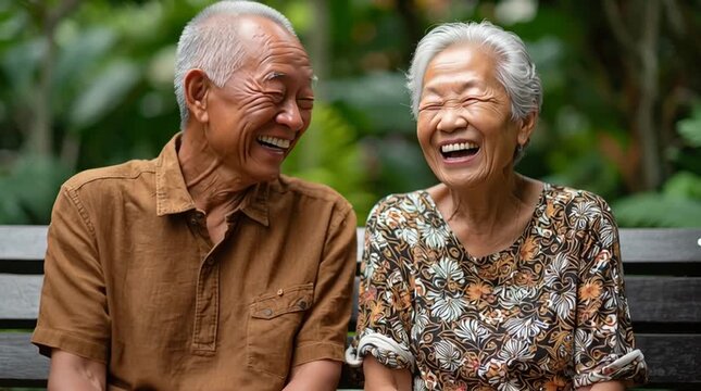 Elderly asian cuple laughing while sitting on a bench