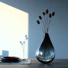 A glass vase filled with dried seed heads casts dramatic shadows on a muted background.  A simple table setting is visible in the foreground