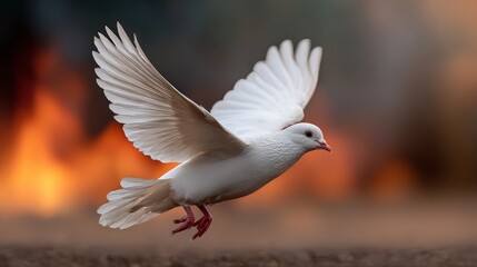 White dove flies through a fiery sky. Concept of freedom and hope, as the dove soars above the flames © Nataliia_Trushchenko