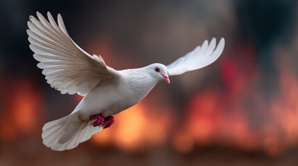 Obraz premium White dove flies through a fiery sky. Concept of freedom and hope, as the dove is often associated with peace and purity. The contrast between the white dove