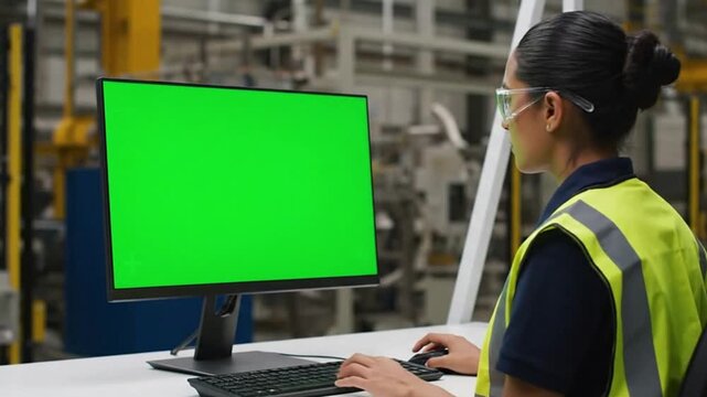 Woman at a workstation with a green screen monitor in an industrial setting