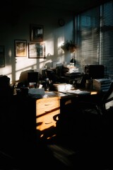 Sunlit office interior, warm tones, muted shadows