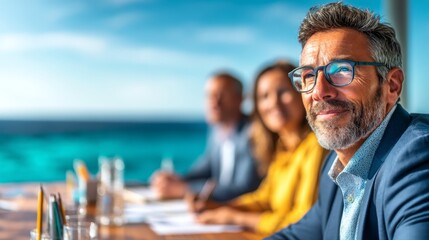 Senior Business Partners Brainstorming Expansion Ideas on a Luxury Cruise Ship Deck with Ocean View and Copy Space for Text