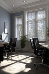 Bright, modern office space with sunlight streaming through large windows.  Two desks, black chairs, and a small plant