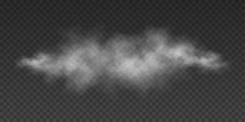 Realistic soft white fog or light smoke effect on transparent background. Misty atmosphere element for overlaying on images, dramatic scenes and cinematic visual effects. Vector illustration.