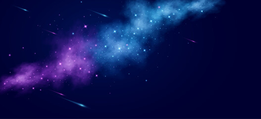 Vibrant cosmic background with glowing stars, purple and blue nebula clouds. Colorful shooting stars on a dark sky. Abstract galaxy backdrop for sci-fi, fantasy or space designs. Vector illustration.