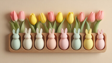 Pastel bunnies in a wooden holder with tulips a spring Easter scene