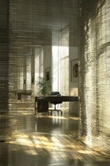 Modern office interior, sunlit, translucent walls