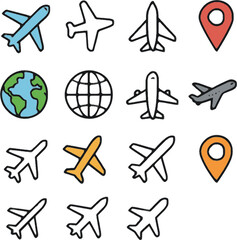 location and travel icon collection with globe airplane and map pins in various styles
