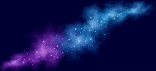 Abstract cosmic background with purple and blue glowing stars. Colorful nebula clouds on a dark sky. Abstract galaxy backdrop for sci-fi, fantasy or space designs. Vector illustration.
