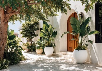 Fototapeta premium Sun-dappled courtyard entrance with lush greenery and a warm wooden door evokes a sense of tranquility and inviting Mediterranean charm.