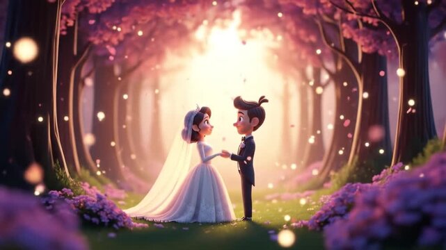 Animated wedding couple holding hands in a magical pink blossom forest